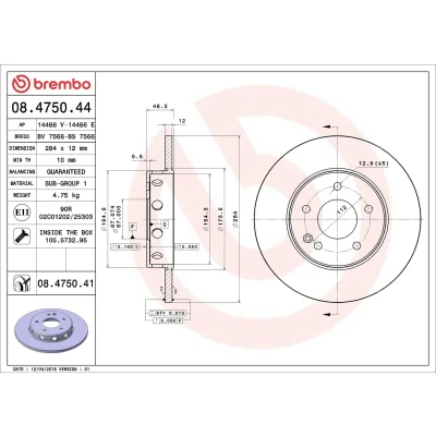Kuva BREMBO COATED DISC LINE 08.4750.41 Jarrulevyt 284 12 5 täysi pinnoitettu Ruuveilla MERCEDES BENZ: C sarja Sedan