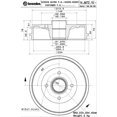 Kuva BREMBO 14.A672.10 Jarrurumpu ilman ABS sensorirengasta 203 NISSAN: Note I, MICRA 3