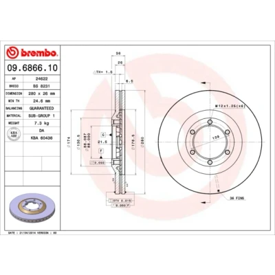 Kuva BREMBO 09.6866.10 Jarrulevyt 280 26 6 tuuletettu sisältä OPEL: Frontera A Sport SUV Cabriolet, B