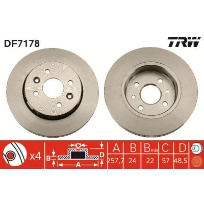 Kuva TRW DF7178 Jarrulevyt 258 24 4 100 Tuuletettu Lakattu KIA: Cerato Sedan