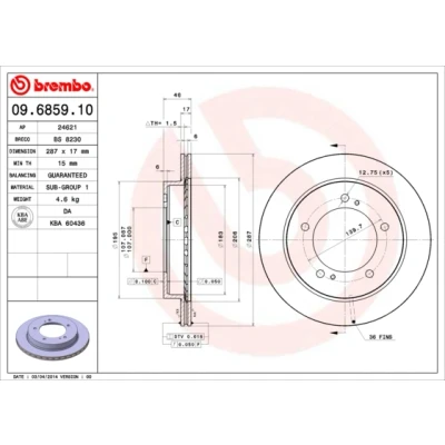 Kuva BREMBO 09.6859.10 Jarrulevyt 287 17 5 tuuletettu sisältä SUZUKI: Jimny SUV, Vitara I SUV