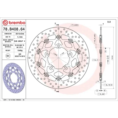 Kuva BREMBO Jarrulevy Serie Oro Edessä 310mm 5mm 5 reijitetty, kaksiosainen jarrulevy, kelluva 78B40864 Jarrulevyt