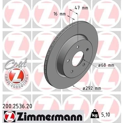 Kuva ZIMMERMANN COAT Z 200.2536.20 Jarrulevyt 292 16 5/5 5 114 tuuletettu sisältä pinnoitettu NISSAN: X Trail, Leaf II