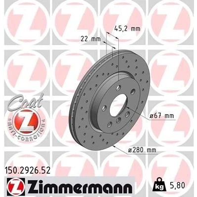 Kuva ZIMMERMANN SPORT COAT Z 150.2926.52 Jarrulevyt 280 22 6/5 5 112 tuuletettu sisältä, reijitetty pinnoitettu hiiliteräs MINI: Hatchback, Clubman