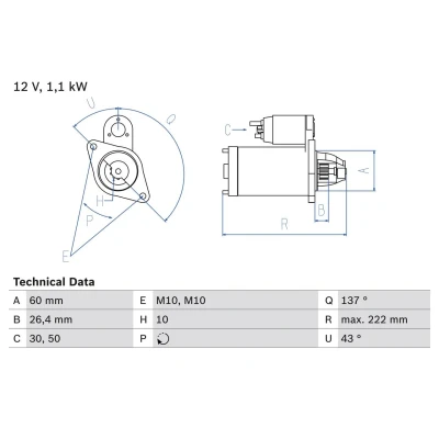 Kuva BOSCH 0 986 021 800 Starttimoottori 12 1,1 10 MERCEDES BENZ: C sarja T modell, E Sedan, ML