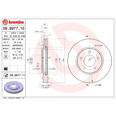 Kuva BREMBO COATED DISC LINE 09.8977.11 Jarrulevyt 281 28 5 tuuletettu sisältä pinnoitettu hiiliteräs CHRYSLER: VOYAGER 4