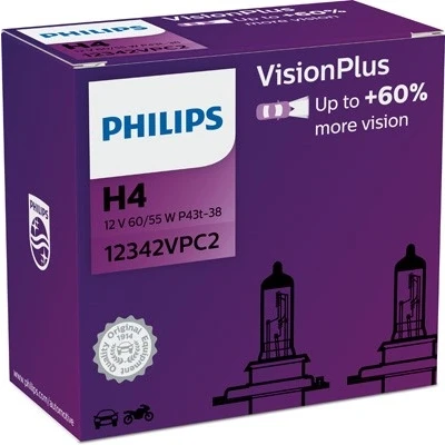 Kuva Halogeenilamppu PHILIPS VisionPlus H4 P43t 38 BMW, ROVER, HONDA, DACIA, LAND KYMCO, JEEP, SUBARU, VOLVO, SSANGYONG, PLYMOUTH, TRIUMPH, SUZUK