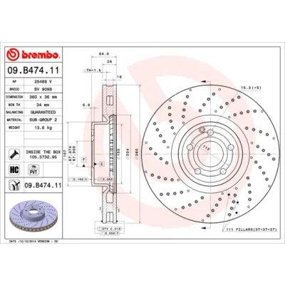 Kuva BREMBO COATED DISC LINE 09.B474.11 Jarrulevyt 360 36 5 rei&#039;itetty/tuuletettu sisältä pinnoitettu hiiliteräs Ruuveilla
