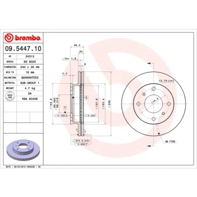 Kuva BREMBO 09.5447.10 Jarrulevyt 242 20 4 tuuletettu sisältä NISSAN: Primera Sedan