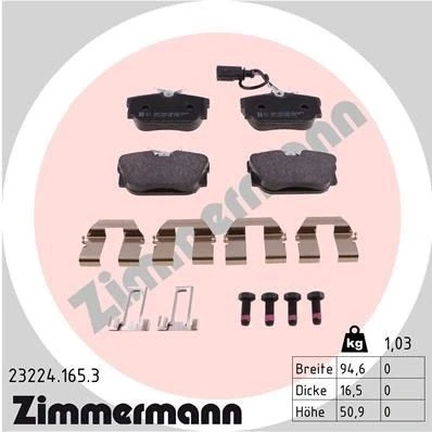 Kuva ZIMMERMANN 23224.165.3 Jarrupalat Sis. kulumisenilmaisimen Ruuveilla Valokuva vastaa toimituslaajuutta, Jousella VOLKSWAGEN: Transporter 4