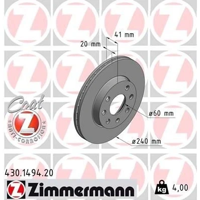 Kuva ZIMMERMANN COAT Z 430.1494.20 Jarrulevyt 240 20 7/4 4 100 tuuletettu sisältä pinnoitettu OPEL: Corsa C Hatchback