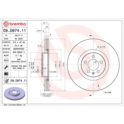 Kuva BREMBO 09.D974.11 Jarrulevyt 312 25 5 tuuletettu sisältä pinnoitettu hiiliteräs Ruuveilla