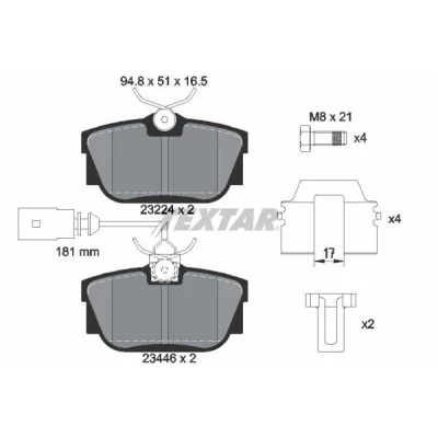 Kuva TEXTAR 2344605 Jarrupalat kulumisvaroitinkoskettimella Jarrusatulan ruuveilla Tarvikkeilla VOLKSWAGEN: TRANSPORTER 4, 4 Bus, Sharan I