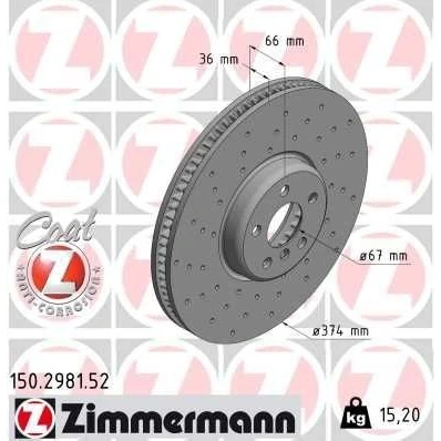 Kuva ZIMMERMANN 150.2981.52 Jarrulevyt 374 36 6/5 5 112 tuuletettu sisältä, reijitetty pinnoitettu hiiliteräs BMW: 3 Sedan, Touring