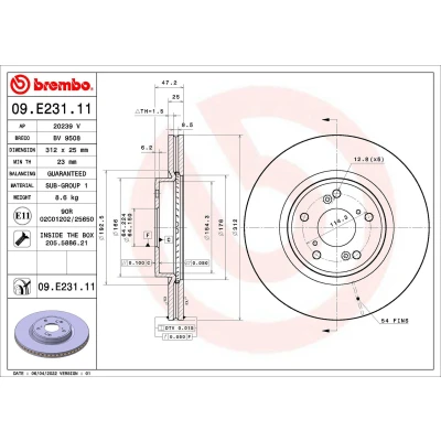 Kuva BREMBO 09.E231.11 Jarrulevyt 312 25 5 tuuletettu sisältä pinnoitettu Ruuveilla