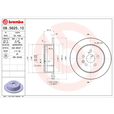 Kuva BREMBO 08.5625.10 Jarrulevyt 269 10 5 täysi TOYOTA: Celica V Coupe, VI IV Hatchback