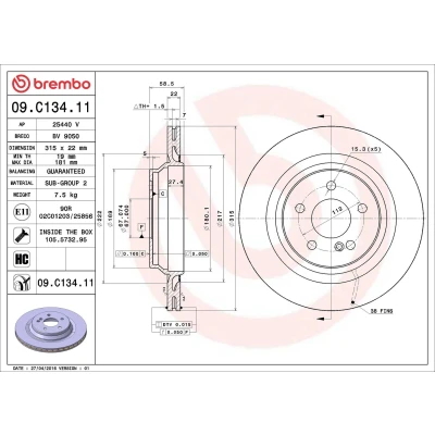 Kuva BREMBO COATED DISC LINE 09.C134.11 Jarrulevyt 315 22 5 tuuletettu sisältä pinnoitettu hiiliteräs Ruuveilla MERCEDES BENZ: S sarja Sedan, Coupe