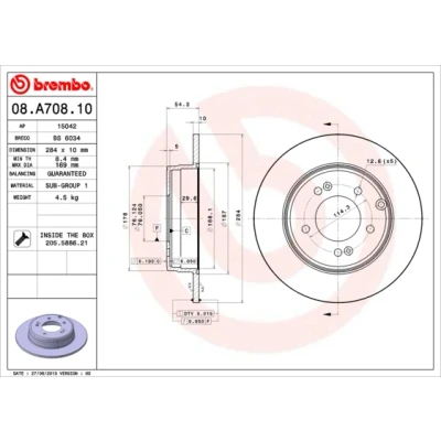 Kuva BREMBO COATED DISC LINE 08.A708.11 Jarrulevyt 284 10 5 täysi pinnoitettu Ruuveilla HYUNDAI: Sonata V, ix35, KIA: Optima / K5, K5 Sedan