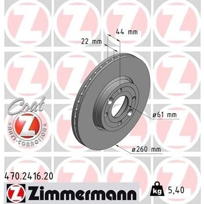 Kuva ZIMMERMANN COAT Z 470.2416.20 Jarrulevyt 260 22 6/4 4 100 Tuuletettu, ulko pinnoitettu hiiliteräs RENAULT: MEGANE 2 Stufenheck, 2, CLIO 3