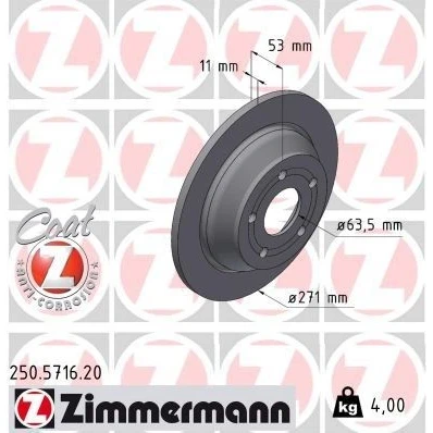 Kuva ZIMMERMANN Jarrulevy 271mm 11mm 5/5 5 aukko 108mm täysi pinnoitettu 250.5716.20 2413300,L1TC2A315AA Jarrulevyt