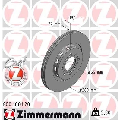 Kuva ZIMMERMANN COAT Z 600.1601.20 Jarrulevyt 280 22 5/4 4 100 Tuuletettu, ulko pinnoitettu VOLKSWAGEN: GOLF 2, Passat B3/B4 Sedan, Variant