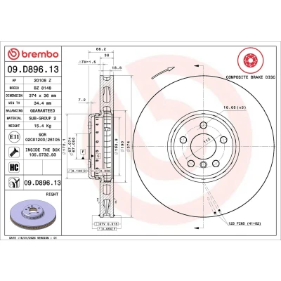 Kuva BREMBO 09.D896.13 Jarrulevyt 374 36 5 kaksiosainen jarrulevy, tuuletettu sisältä pinnoitettu hiiliteräs Ruuveilla BMW: Touring, Sedan, 7