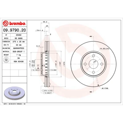 Kuva BREMBO 09.9790.20 Jarrulevyt 276 25 4 tuuletettu sisältä TOYOTA: Corolla Verso, IX Station Wagon, Sedan