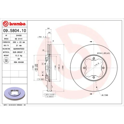 Kuva BREMBO 09.5804.10 Jarrulevyt 282 23 4 tuuletettu sisältä HONDA: ACCORD 5, ROVER: 600