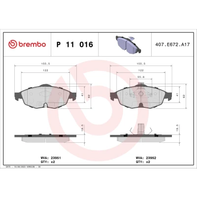 Kuva BREMBO P 11 016 Jarrupalat akustisella kulumavaroittimella Männän lukoilla Ilman tarvikkeita CHRYSLER: Sebring II Sedan