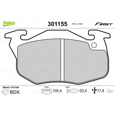 Kuva VALEO 301155 Jarrupalat FIRST Etuakseli ilman kulumisenilmaisinta huudonvaimennuspeltiä PEUGEOT: 306 Hatchback, Sedan, 106 I Hatchback