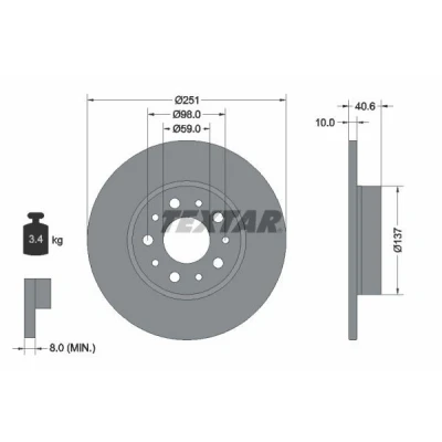 Kuva TEXTAR PRO 92244303 Jarrulevyt 251 10 05/10 98 täysi pinnoitettu Ilman pyöränkiinnityspultteja, pyörännapaa FIAT: 500L, Tipo Farmari