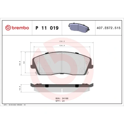 Kuva BREMBO P 11 019 Jarrupalat akustisella kulumavaroittimella Ilman tarvikkeita DODGE: Charger VI