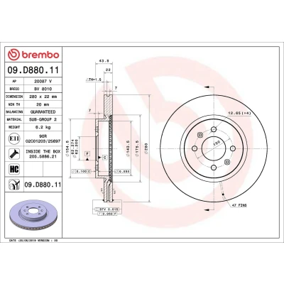 Kuva BREMBO 09.D880.11 Jarrulevyt 280 22 4 tuuletettu sisältä pinnoitettu hiiliteräs Ruuveilla KIA: Stonic Hatchback, Rio