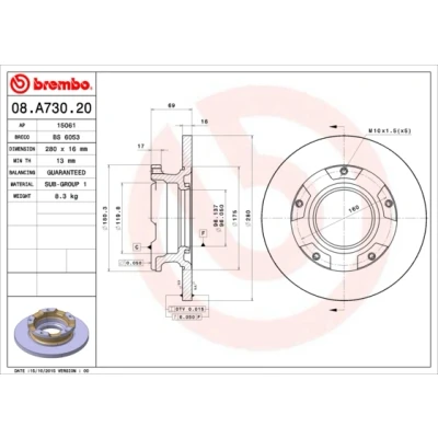 Kuva BREMBO 08.A730.20 Jarrulevyt 280 16 5 täysi ABS sensorirenkaalla FORD: Transit Mk6 Van, Bussi, Flatbed Kuorma auto/Alusta